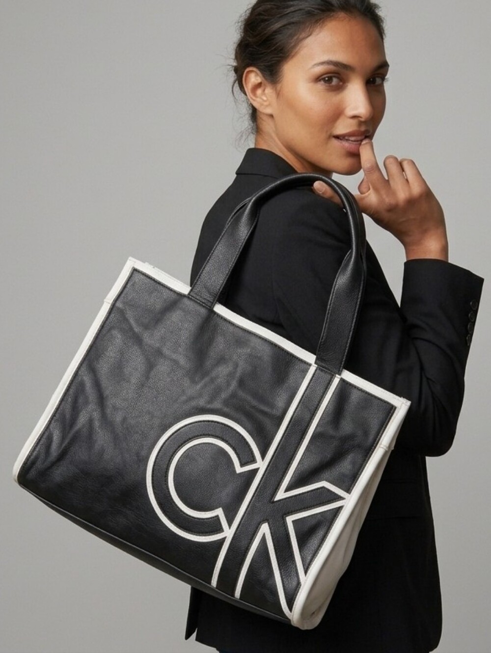 Calvin Klein Black/White CK Logo Large Tote Satchel Laptop Shoulder Bag Handbag